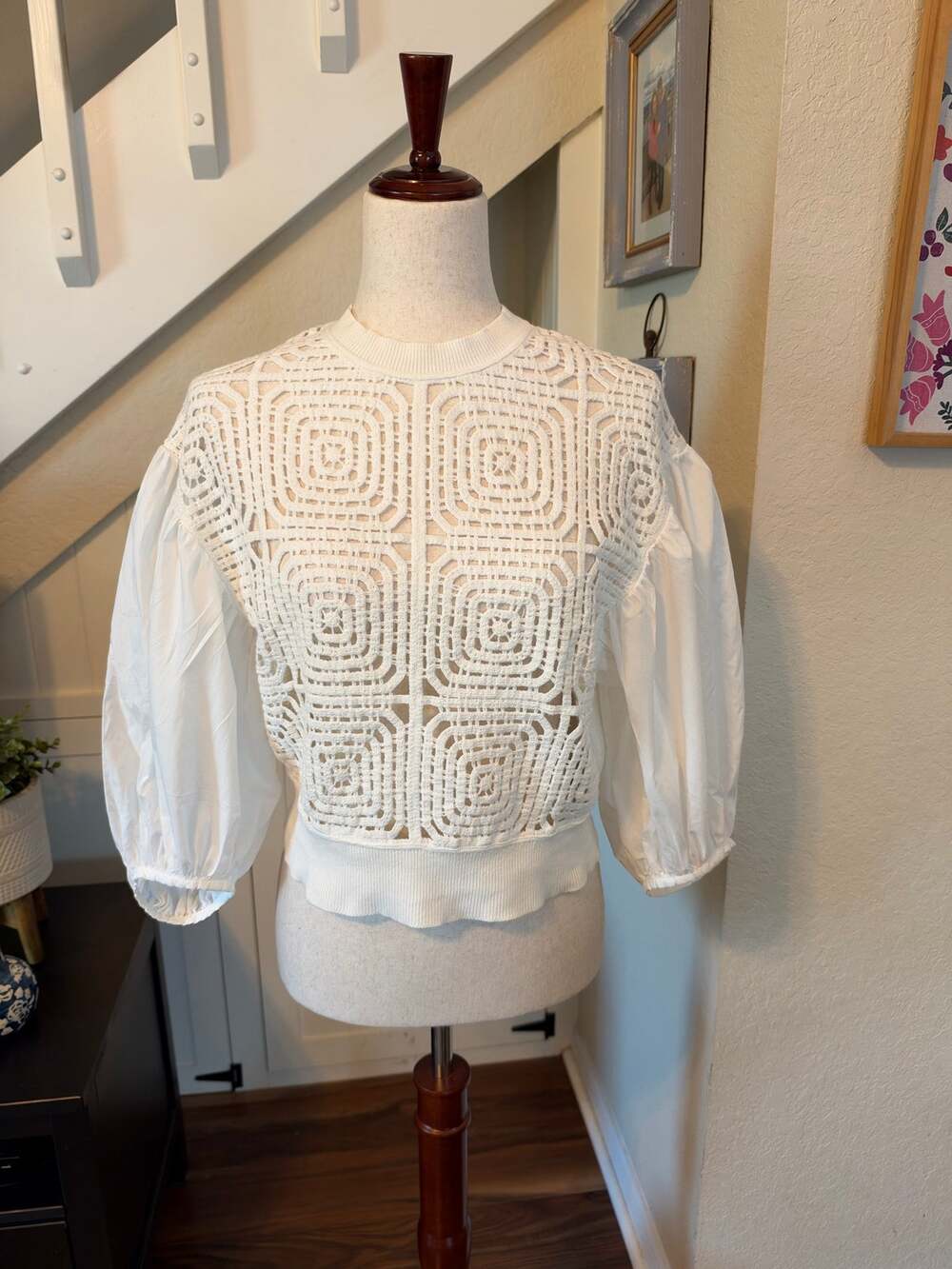 AllSaints Sol Crochet Puff Sleeve Sweater White Cotton Granny Square Size Small